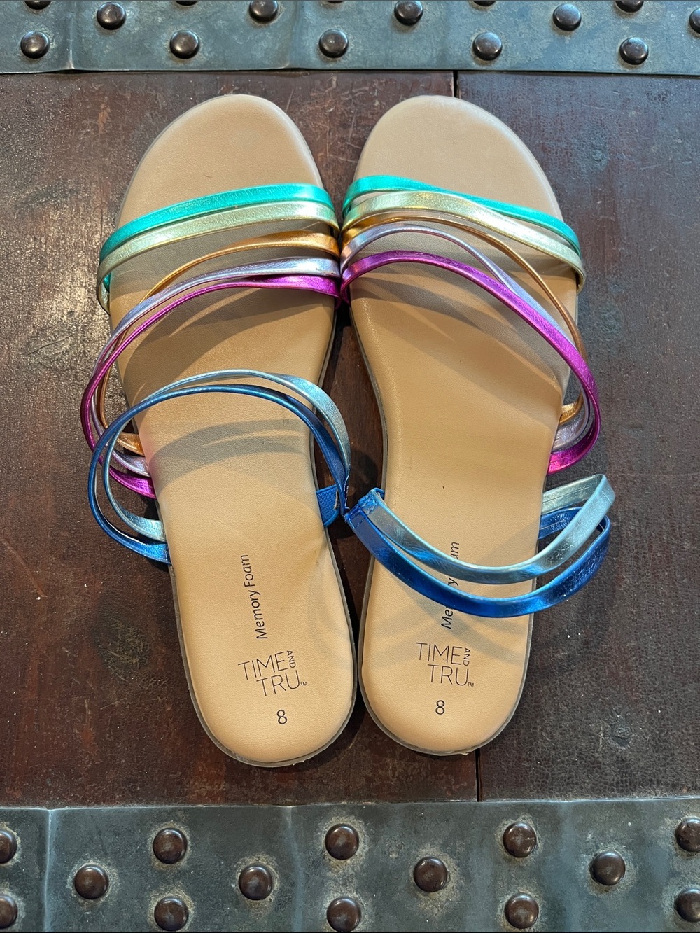 Time and Tru Women's Multicolor Metallic Strappy Slide Sandals - 8